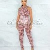 Vendor-unknown Guzett Nude Wine Print Mesh Wired Corset Jumpsuit