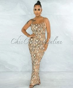 Vendor-unknown JUST IN Seville Brown Snake Print Body-Con Maxi Dress
