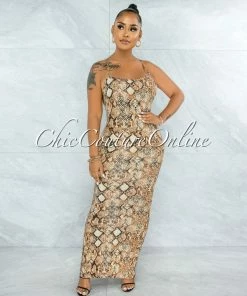 Vendor-unknown JUST IN Seville Brown Snake Print Body-Con Maxi Dress