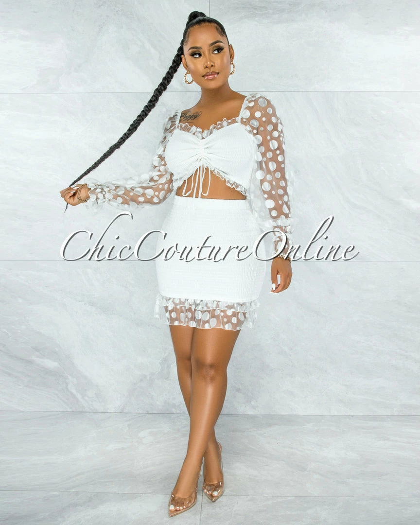 Vendor-unknown Elberta White Tulle Polka Dots Smocked Two Piece Set JUST IN