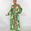 Chic Couture Online Williana Green Leaf Print Long Sleeves Crop Top & Bikini Skirt Set