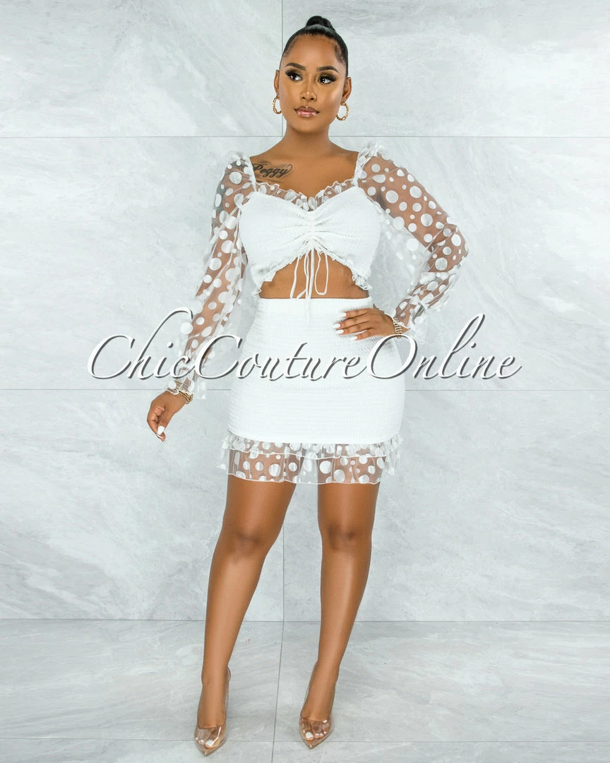 Vendor-unknown Elberta White Tulle Polka Dots Smocked Two Piece Set JUST IN