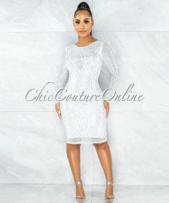 Vendor-unknown Neander Off- White Rhinestones Midi Dress JUST IN