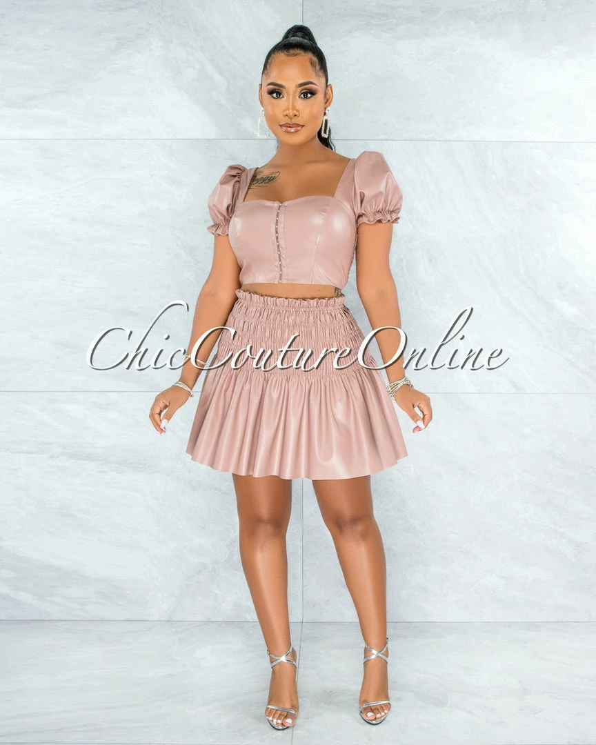 Vendor-unknown Tourmaline Mauve Faux Leather Padded Top Ruched Skirt Set JUST IN