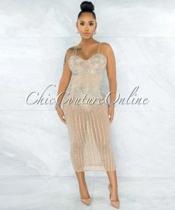 Vendor-unknown Victoriana Nude Mesh Iridescent Rhinestones Bodysuit Dress JUST IN