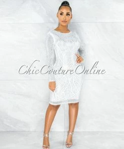 Vendor-unknown Neander Off- White Rhinestones Midi Dress JUST IN