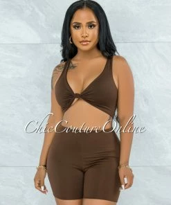 Vendor-unknown Leilani Brown Front Knot Cut-Out Double Lined Romper