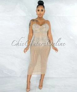 Vendor-unknown Victoriana Nude Mesh Iridescent Rhinestones Bodysuit Dress JUST IN