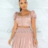 Vendor-unknown Tourmaline Mauve Faux Leather Padded Top Ruched Skirt Set JUST IN
