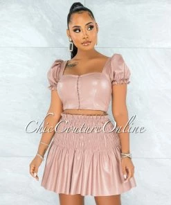 Vendor-unknown Tourmaline Mauve Faux Leather Padded Top Ruched Skirt Set JUST IN