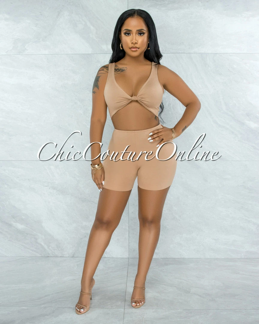 Vendor-unknown JUST IN Leilani Nude Front Knot Cut-Out Double Lined Romper