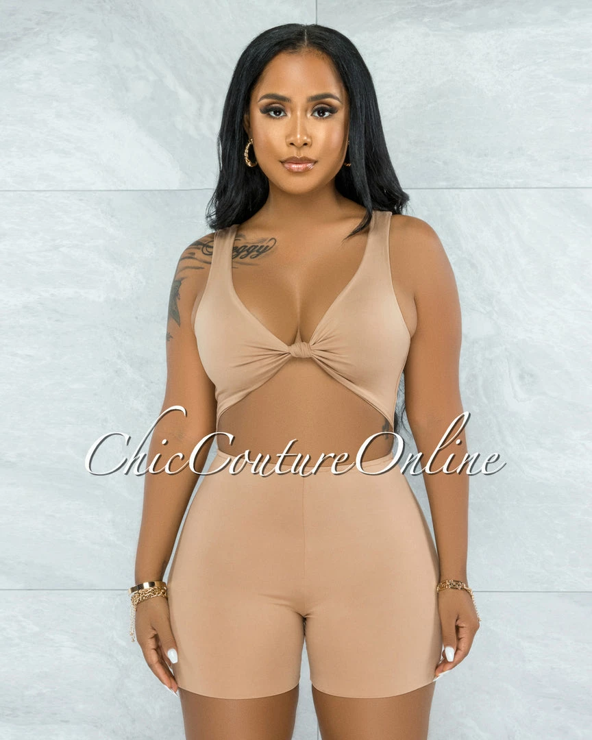 Vendor-unknown JUST IN Leilani Nude Front Knot Cut-Out Double Lined Romper