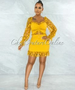 Vendor-unknown Elberta Mustard Tulle Polka Dots Smocked Two Piece Set JUST IN