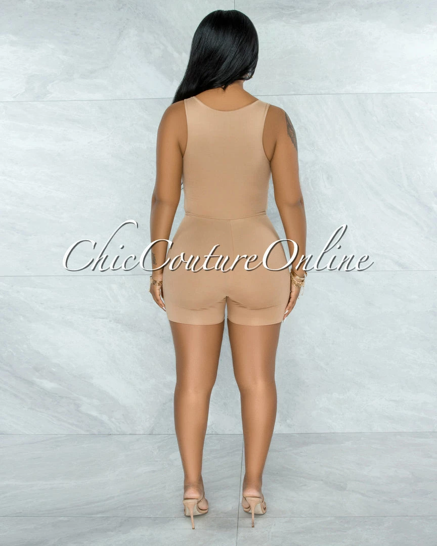 Vendor-unknown JUST IN Leilani Nude Front Knot Cut-Out Double Lined Romper