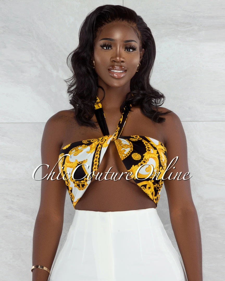 Vendor-unknown Gilboa Black Gold Chain Print Multi-Way Halter Crop Top JUST IN