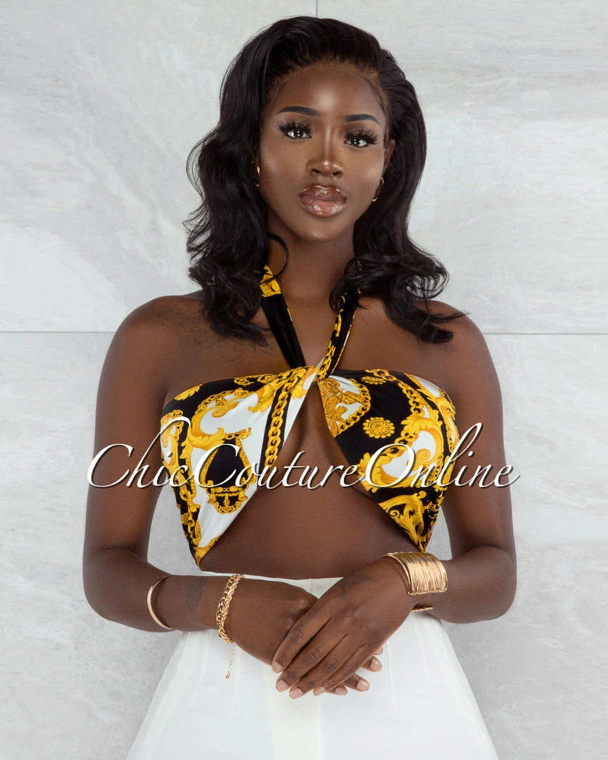 Vendor-unknown Gilboa Black Gold Chain Print Multi-Way Halter Crop Top JUST IN