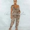 Vendor-unknown Satika Brown Leopard Print Slit Legs Satin Jumpsuit