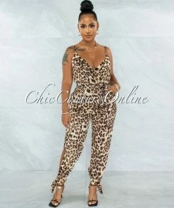 Vendor-unknown Satika Brown Leopard Print Slit Legs Satin Jumpsuit