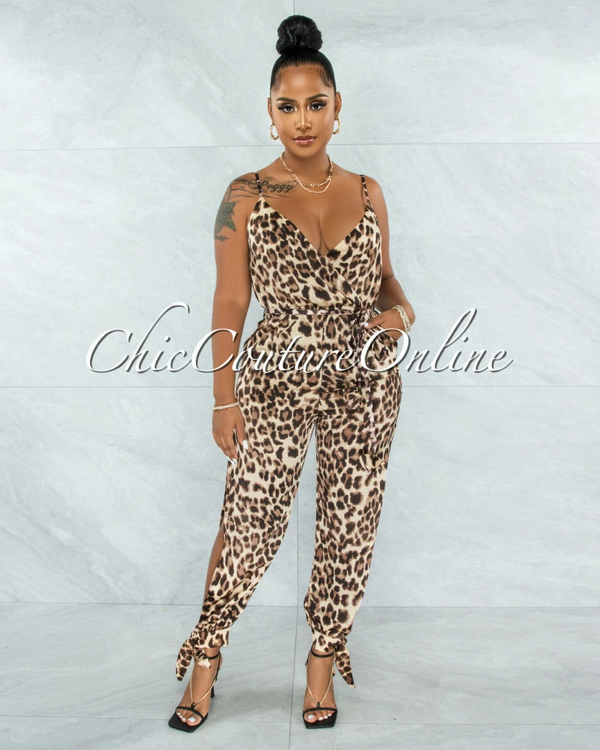 Vendor-unknown Satika Brown Leopard Print Slit Legs Satin Jumpsuit