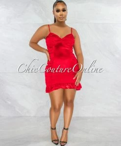Chic Couture Online Crissan Red Satin Ruched Ruffle Mini Dress JUST IN