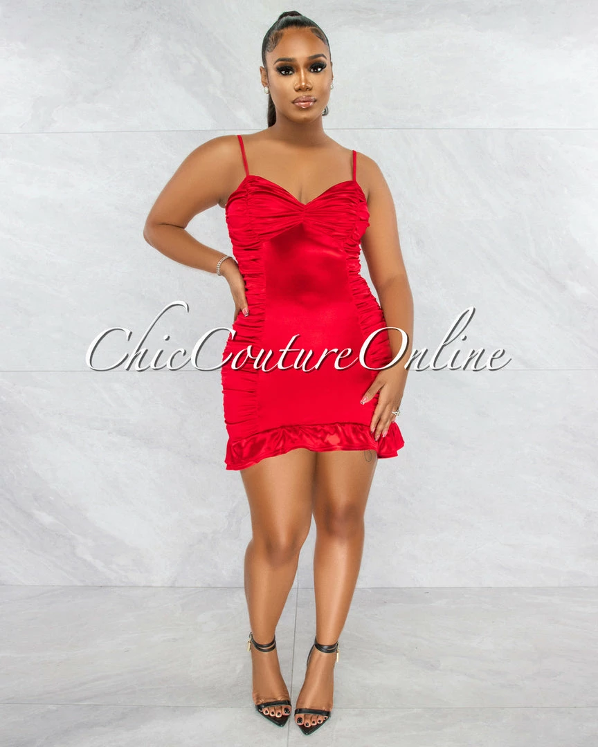 Chic Couture Online Crissan Red Satin Ruched Ruffle Mini Dress JUST IN