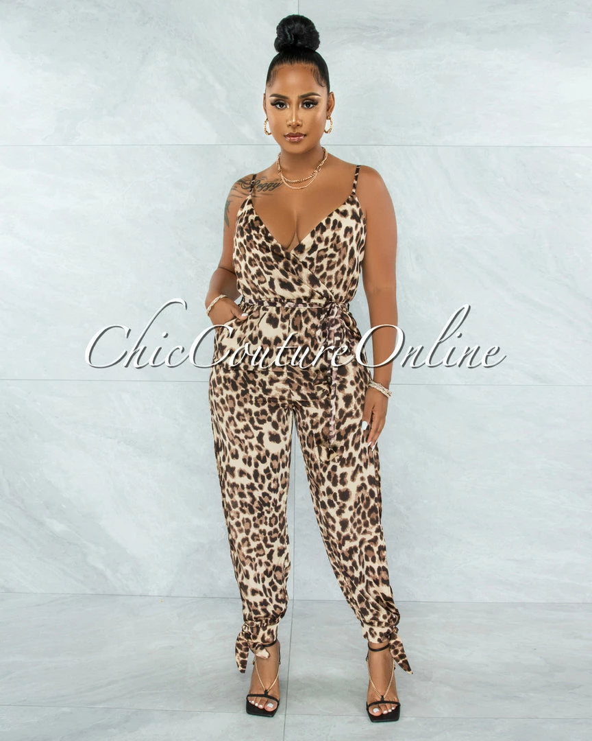 Vendor-unknown Satika Brown Leopard Print Slit Legs Satin Jumpsuit