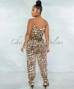 Vendor-unknown Satika Brown Leopard Print Slit Legs Satin Jumpsuit