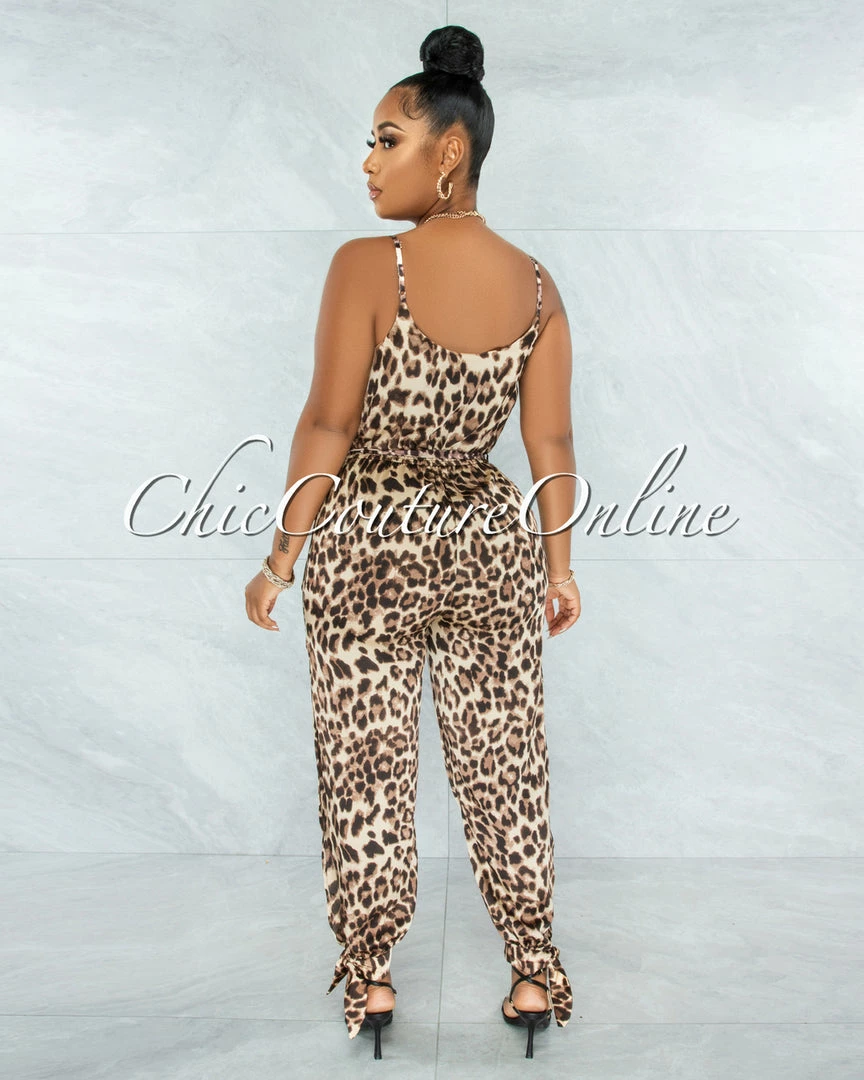 Vendor-unknown Satika Brown Leopard Print Slit Legs Satin Jumpsuit