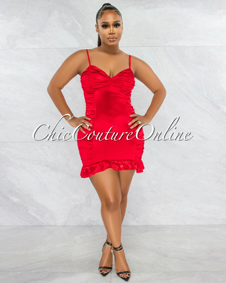 Chic Couture Online Crissan Red Satin Ruched Ruffle Mini Dress JUST IN