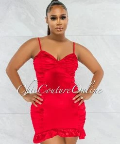 Chic Couture Online Crissan Red Satin Ruched Ruffle Mini Dress JUST IN