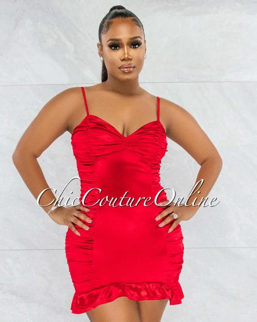 Chic Couture Online Crissan Red Satin Ruched Ruffle Mini Dress JUST IN