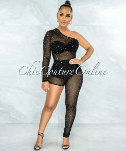 Vendor-unknown Mason Black Mesh Rhinestones Single Leg Jumpsuit