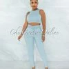 Vendor-unknown JUST IN Lavesh Light Blue Crop Top & Leggings Ribbed Set