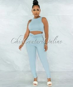 Vendor-unknown JUST IN Lavesh Light Blue Crop Top & Leggings Ribbed Set