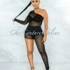 Vendor-unknown Mason Black Mesh Rhinestones Single Leg Jumpsuit