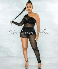 Vendor-unknown Mason Black Mesh Rhinestones Single Leg Jumpsuit