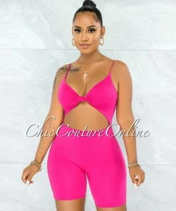 Vendor-unknown Richie Fuchsia Front Knot Cut-Out Double Lined Romper