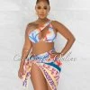 Chic Couture Online Paladi Orange Blue Abstract Print 3 Piece Bikini & Pareo Set