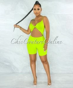 Vendor-unknown Richie Lime Green Front Knot Cut-Out Double Lined Romper