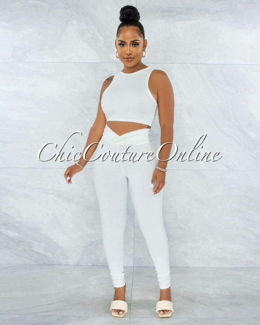 Vendor-unknown Lavesh Off-White Crop Top & Leggings Ribbed Set