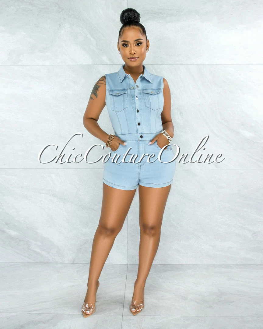 Vendor-unknown Hamony Light Denim Silver Snaps Front Romper