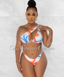 Chic Couture Online Paladi Orange Blue Abstract Print 3 Piece Bikini & Pareo Set