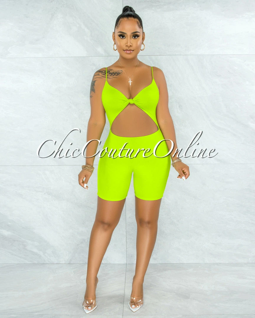 Vendor-unknown Richie Lime Green Front Knot Cut-Out Double Lined Romper