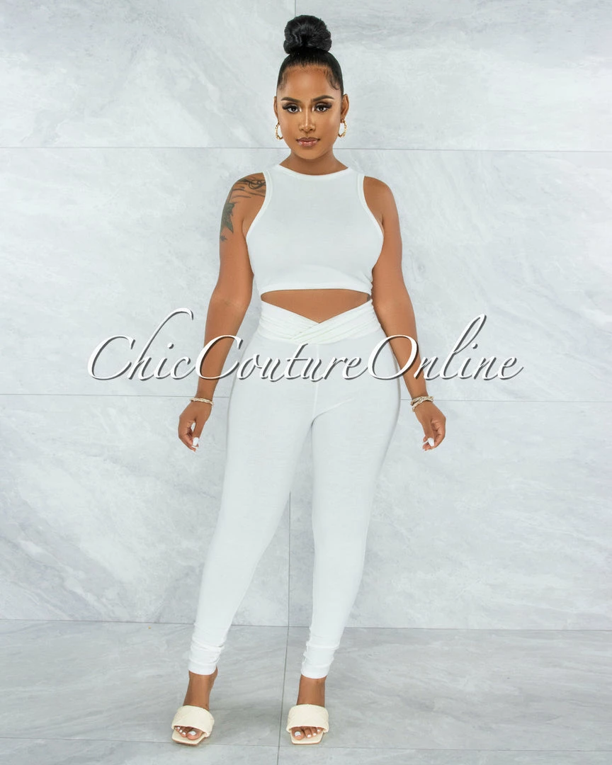 Vendor-unknown Lavesh Off-White Crop Top & Leggings Ribbed Set