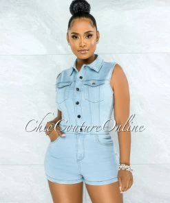 Vendor-unknown Hamony Light Denim Silver Snaps Front Romper