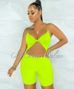 Vendor-unknown Richie Lime Green Front Knot Cut-Out Double Lined Romper