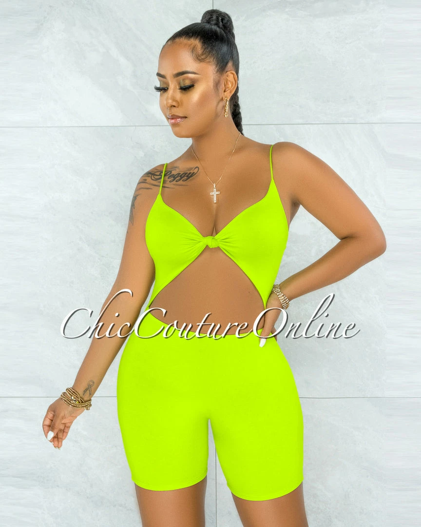 Vendor-unknown Richie Lime Green Front Knot Cut-Out Double Lined Romper