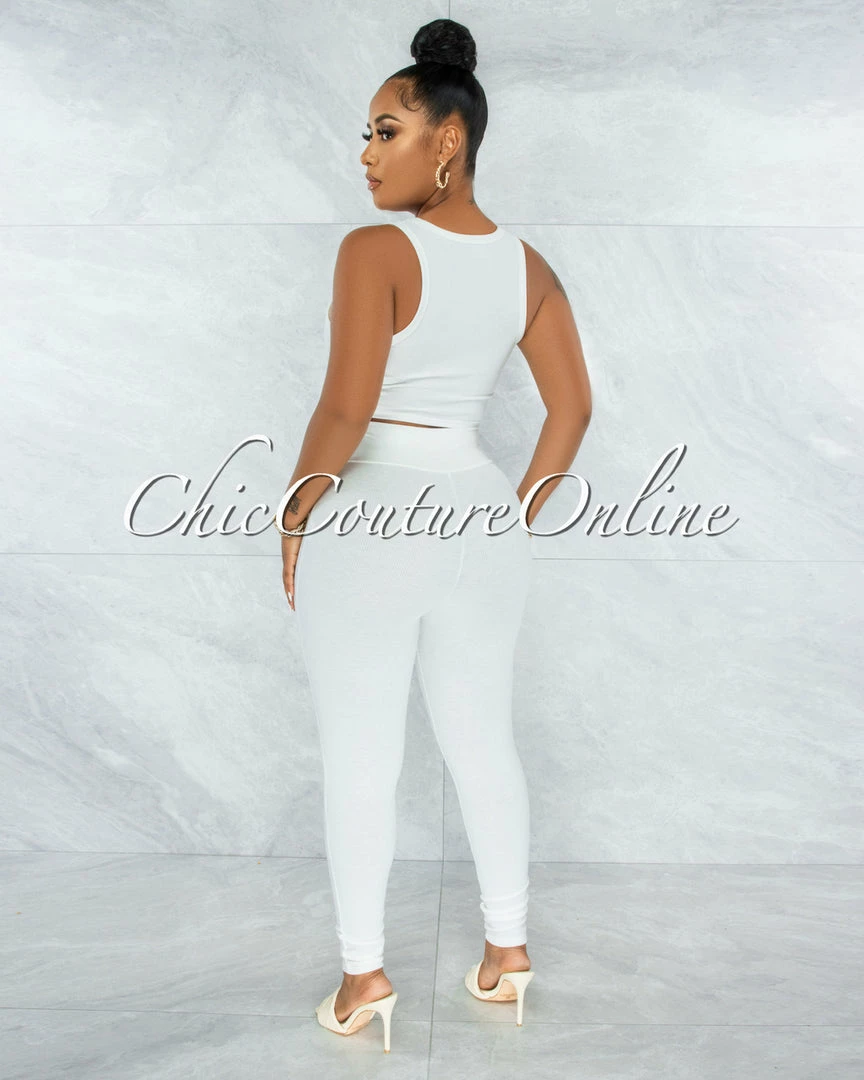 Vendor-unknown Lavesh Off-White Crop Top & Leggings Ribbed Set