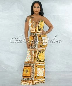 Vendor-unknown JUST IN Alamar Ivory Gold Multi-Color Print Maxi Dress