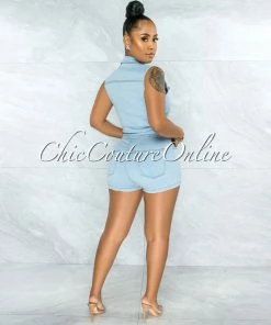 Vendor-unknown Hamony Light Denim Silver Snaps Front Romper
